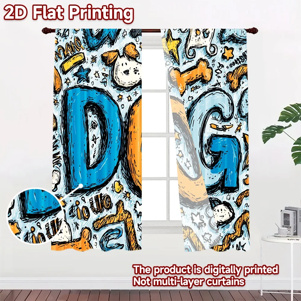 2D flat printing 2pcs Window Curtains DOG playful cute Digital Printed Polyester Drapes Festive Holiday Perfect for Bedroom