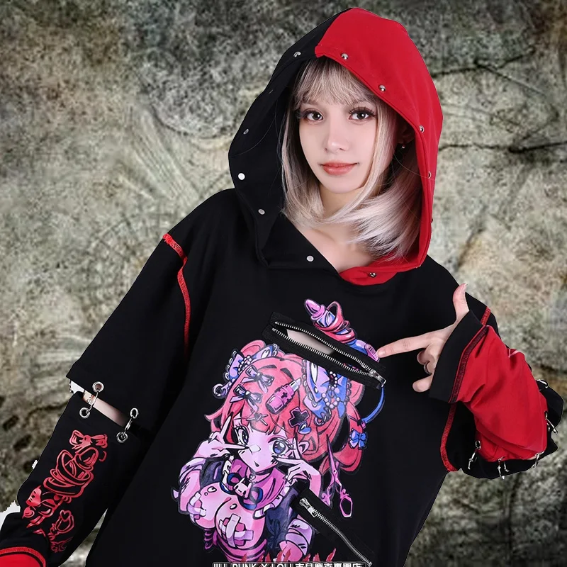 

streetwear Japanese etachable sleeves Y2K Punk long sleeved Rivet men's clothes tops hoodies Women's Hoodie Rivet Mens Top