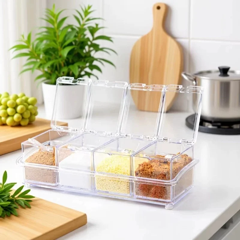 Kitchen Spice Pot 4 Transparent Seasoning Boxes, Storage Containers Seasoning Cans Acrylic Seasoning Boxes With Lids And Spoons