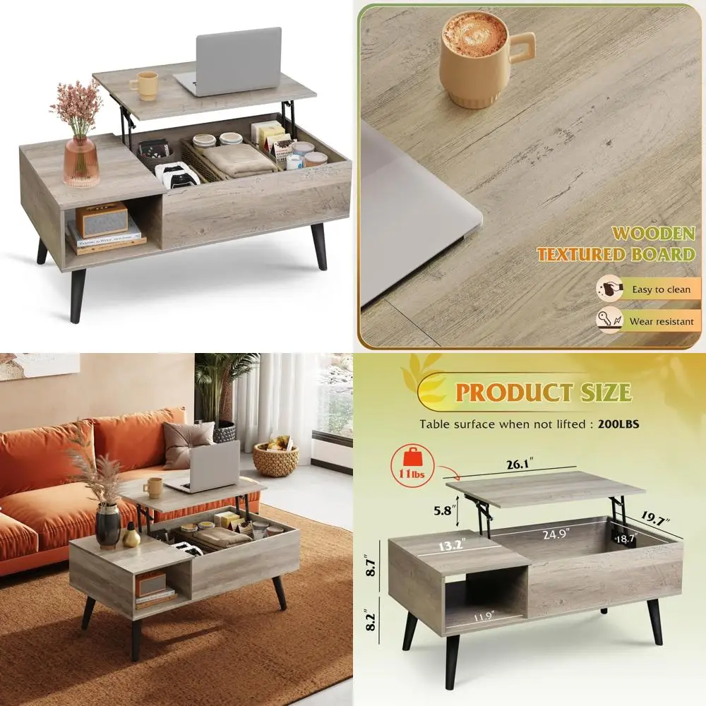

Rising Storage Coffee Table for Living Room - Small Lift Top Wooden Dining Center Table with Storage Solution