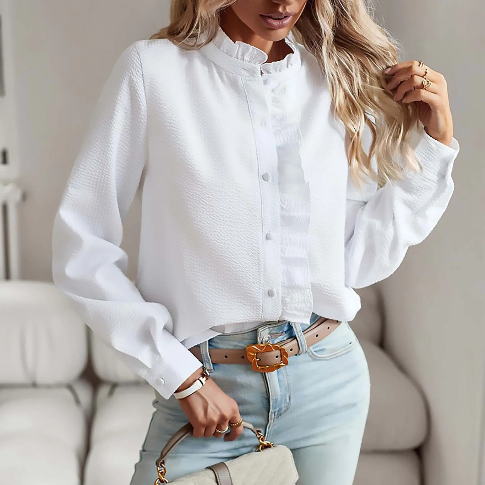 Stand Collar Blouse Long Sleeve Midi Length Elegant Commuter with Commuter Style Autumn Slim Fit Stripe Pattern Women Blouse