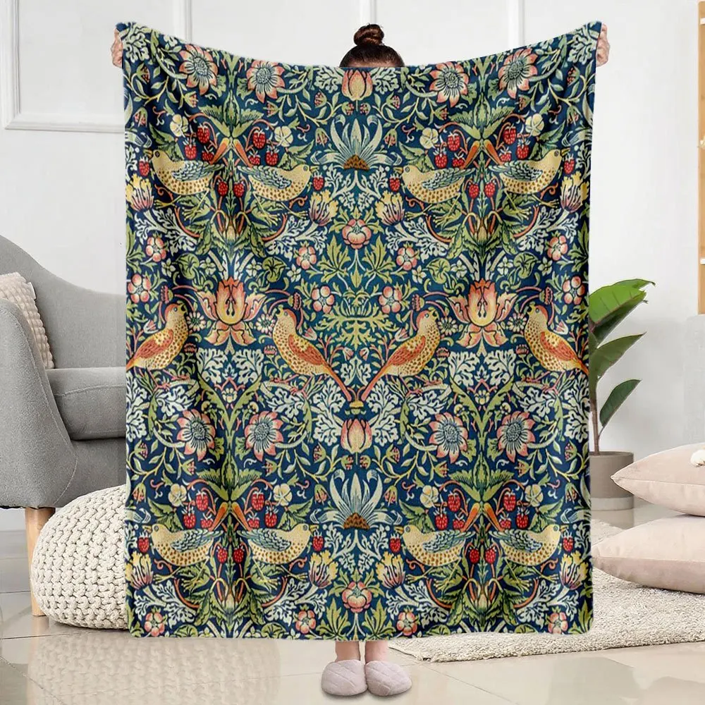 William Morris Vintage Strawberry Thief Bird Floral Dark Blue Background Printed Flannel Blanket For Sofa Bedroom Home Decor