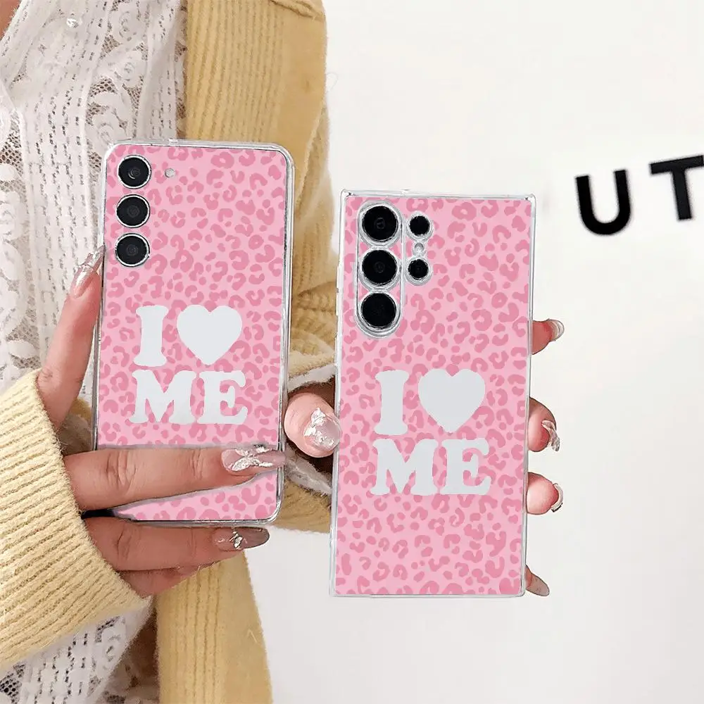 Leopard print & text Transparent Phone Case for Samsung Galaxy S26 Ultra S25 S24 S23 FE S22 Plus Soft TPU Drop-Proof cover Pink