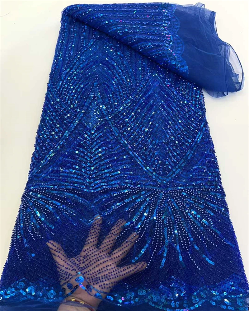 High Quality African Nigerian Net Lace Fabric With Sequins Handmade Heavy Beaded Lace Cloth Prom Dresses Beads