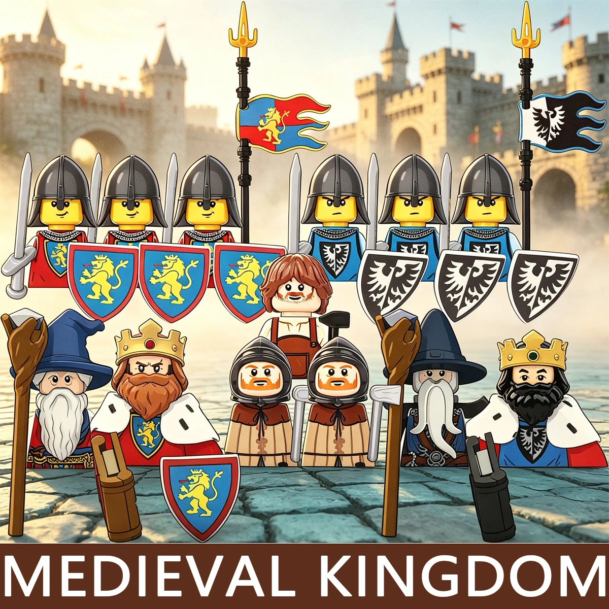Image of MOC Szene Mittelalterliches Schwarzer-Adler-Schloss-Set Bausteine Königreichsflaggen Magier König Ritter Schmied Bauern Königliche Armee Spielzeug