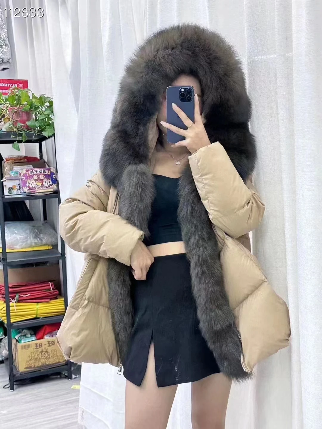 FURYOUME Women Winter Hooded Coat White Duck Down Jacket With Big Real Silver Fox Fur Trim Female Loose Outerwear