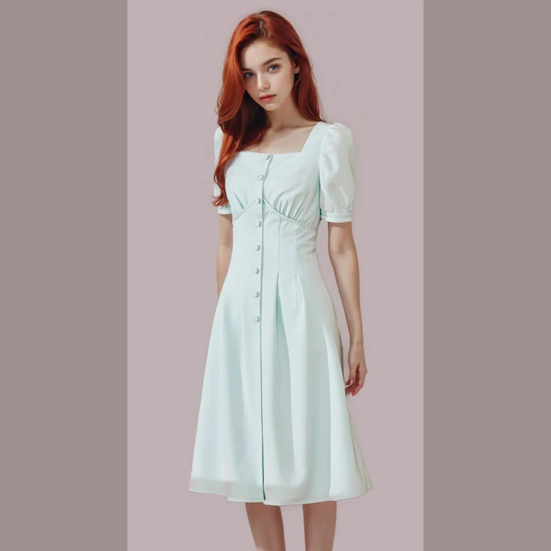 High end French style dress with button up square neck and waist cinching, beautiful dress