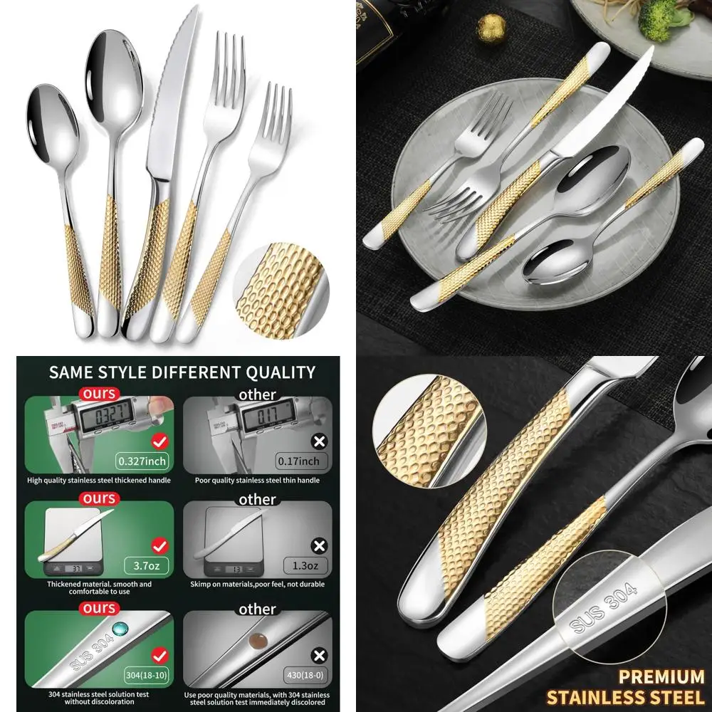 

Hammered Silver and Gold 40-Piece Flatware Set for 8, Including Serrated Knives, Made of 18/10 Stainless Steel with Modern Desig