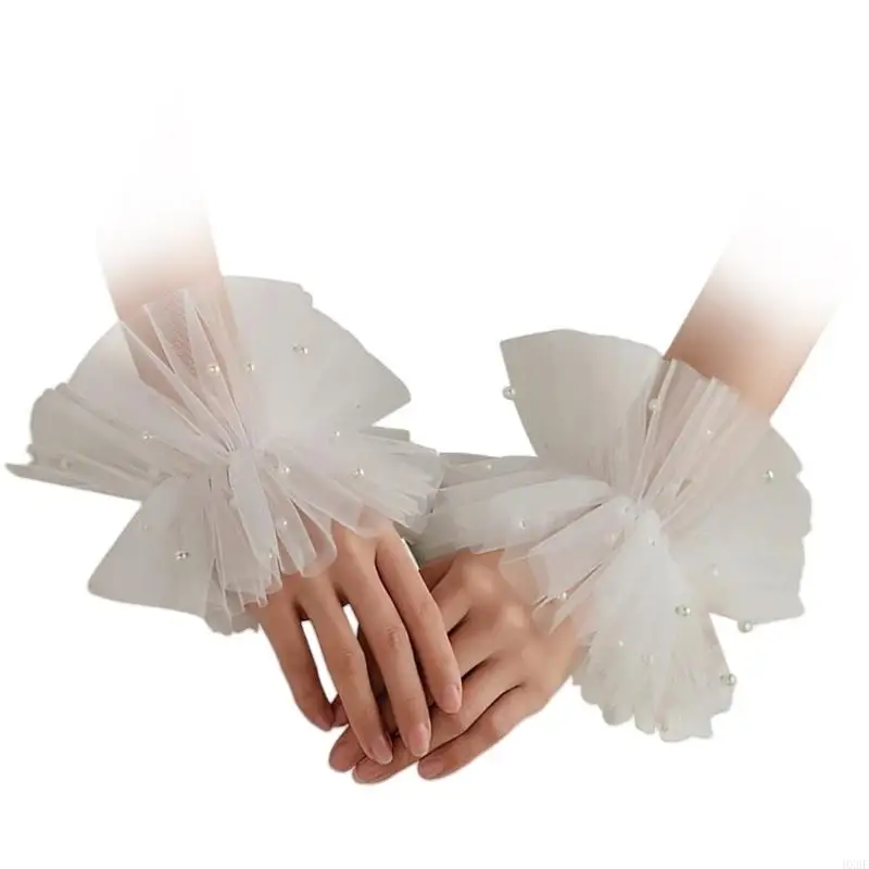 HX6F Mulheres Mangas Falsas Algemas Renda Pérolas Tule Punhos Decorativos Simples