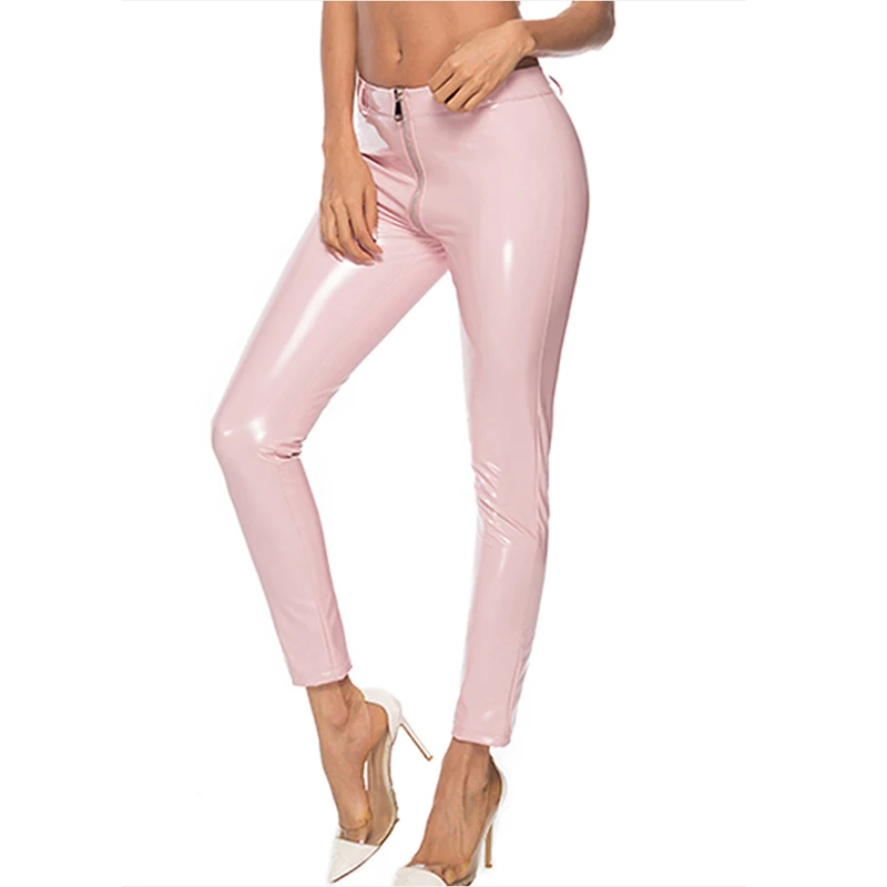 Shiny Pink PU Leggings Reflective Mirror Femal Sexy Low Waist Trousers Club Party Push Up Women Leather Zipper Pants