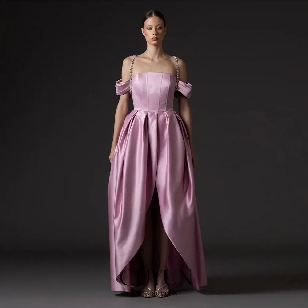 CUYUN, vestidos largos de graduación de satén de seda personalizados con hombros descubiertos, tirantes con cuentas, vestido de noche con abertura larga, vestidos de fiesta para cena de línea A