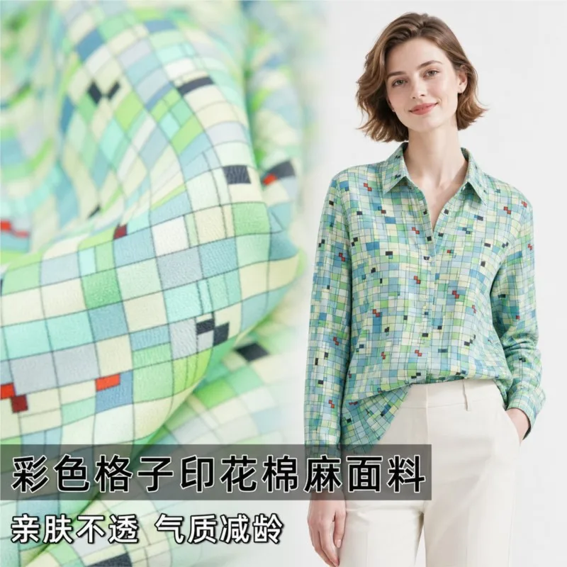 Skin-friendly non-transparent blue and green colored printed cotton linen fabric for shirt coat cheongsam dress