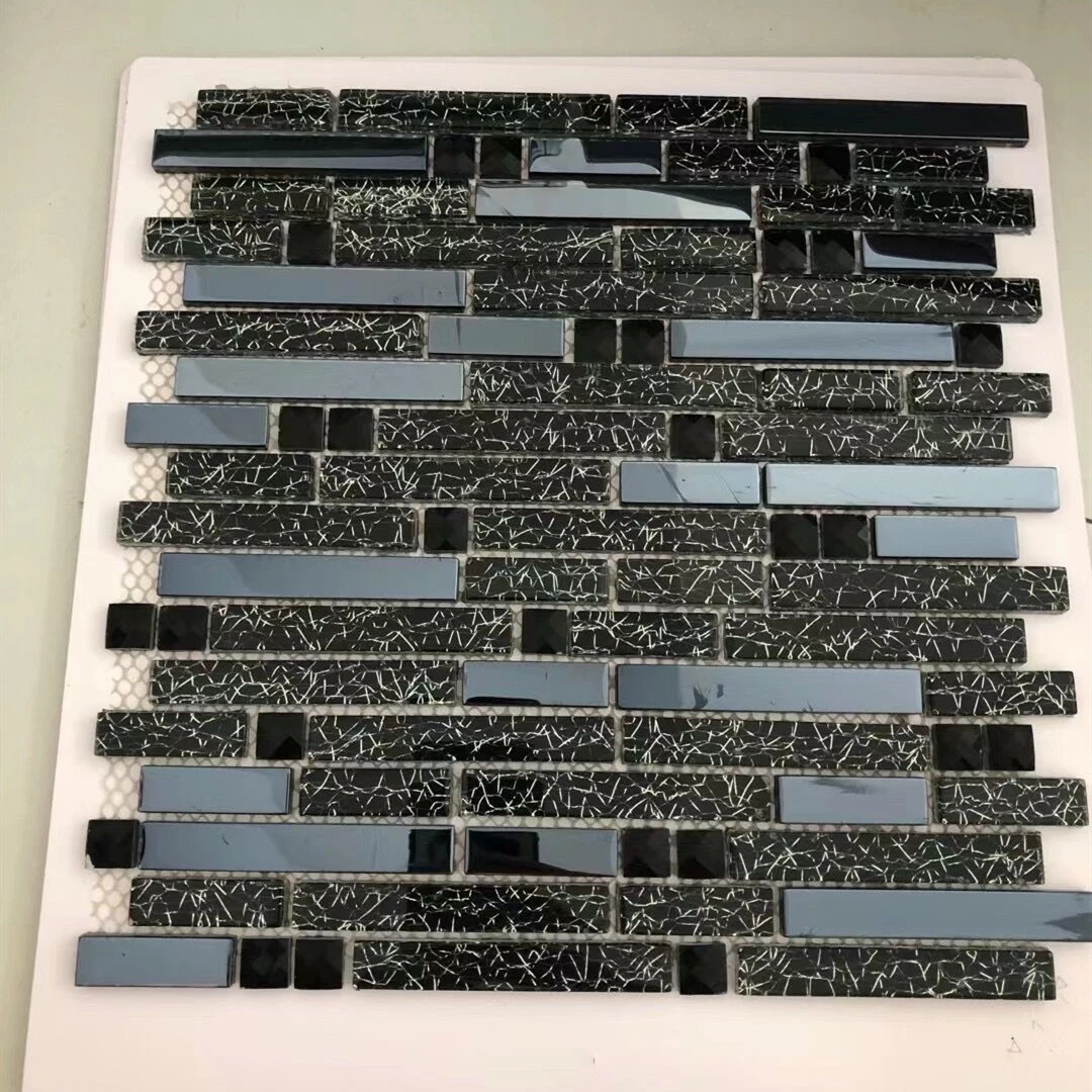 Mystery Black Metal mixed Glass Mosaic Wall Long Strip Tiles, DIY Kitchen Backsplash/Living Room/Restaurant Background Wallpaper