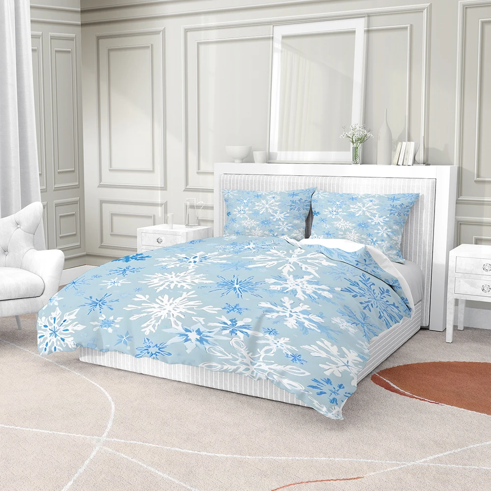 Christmas Winter Snowflake Bedding Set Light Blue Base Duvet Cover Set Bed Holiday Soft Bedding Quilt Cover with Pillowcases view 3