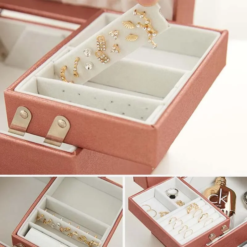 Three-layer Jewelry Organize Box Large Portable Earrings Rings Storage Case PU Necklace Display Gift For Girls Jewelers Joyero