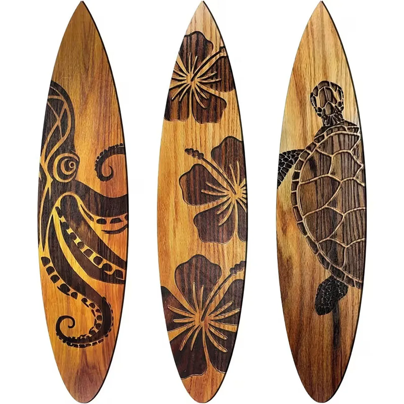 Set of 3 Tropical Surfboard Wall Signs with Nano Tape, Natural Wood Hibiscus & Sea Creature Art for Coastal Home Decoration