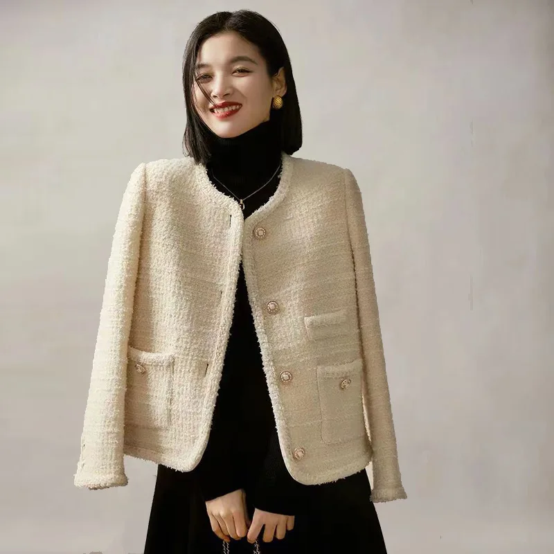 

Women's Tweed Jacket High Quality Luxury Celebrity Solid Color Wool Blend Blazer Coat Round Neck Single-breasted Outerwear Tops