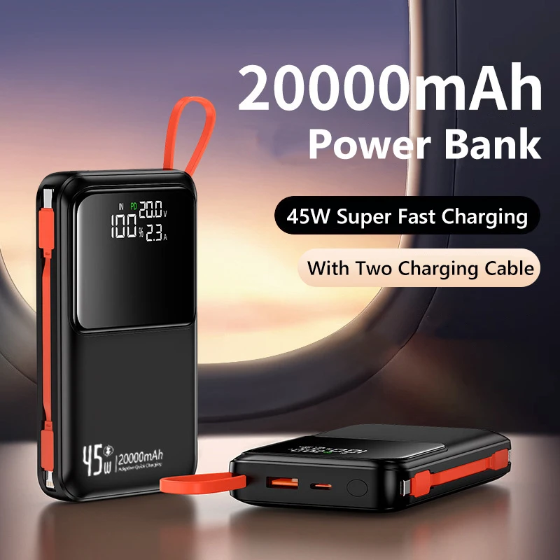 

45W Fast Charging Power Bank 20000mAh with Cable LED Digital Powerbank for iPhone 17 16 Samsung Google External Battery Charger