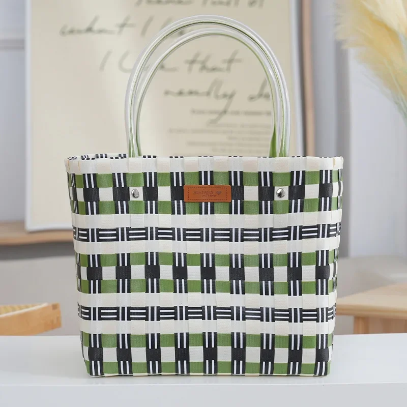 Green Plaid Weave Large Capacity Handbag,Women Woven Basket Shoulder Bag,Casual Chic Summer Beach Contrast Color Tote Bag