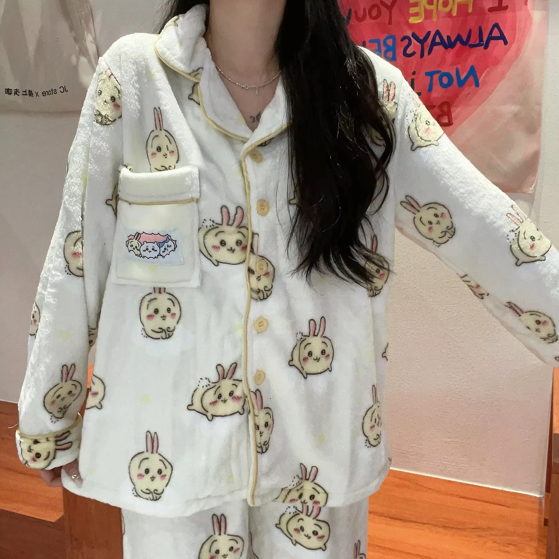 

Chikawa Women's Flannel Usagi Pjs Thicken Winter Long Sleeved Pajama Pants Set for Girls Plus Velvet Cute Hachiware Homewear