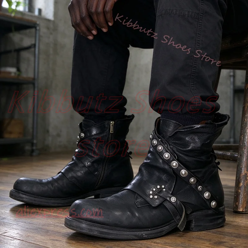 Rivet Studded Biker Ankle Boots Distressed Leather Multi Strap Side Zip Low Heel Moto Shoes Punk Rock Street Slip-On Concise New