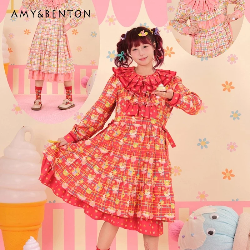 

2025 Autumn New Two-tone Cute Bow Detachable Collar Women's Dress Japanese Design Sweet Loose Age-reducing Long Dresses Ladies