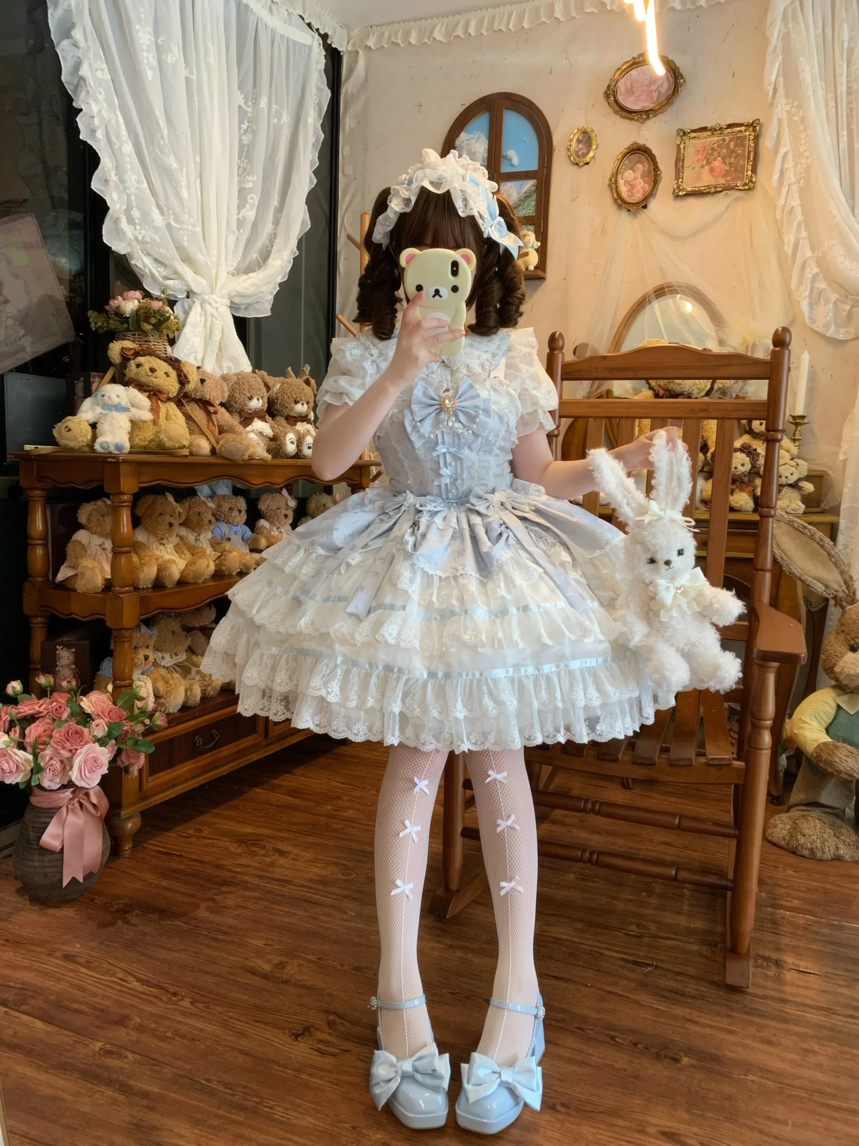 Gaun Lolita Biru Gaya Balet dengan Pita Manis JSK Gaun Tali untuk Wanita 2025 Gaun Kue Renda Jepang Baru