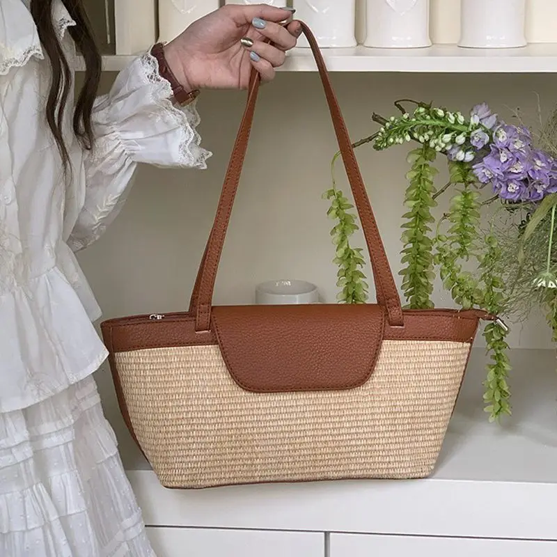 

Fashionable Women's Large Capacity PU Retro Hand-woven Grass Shoulder Bag 2025 New French Style Casual Beach Barrel Basket Handb
