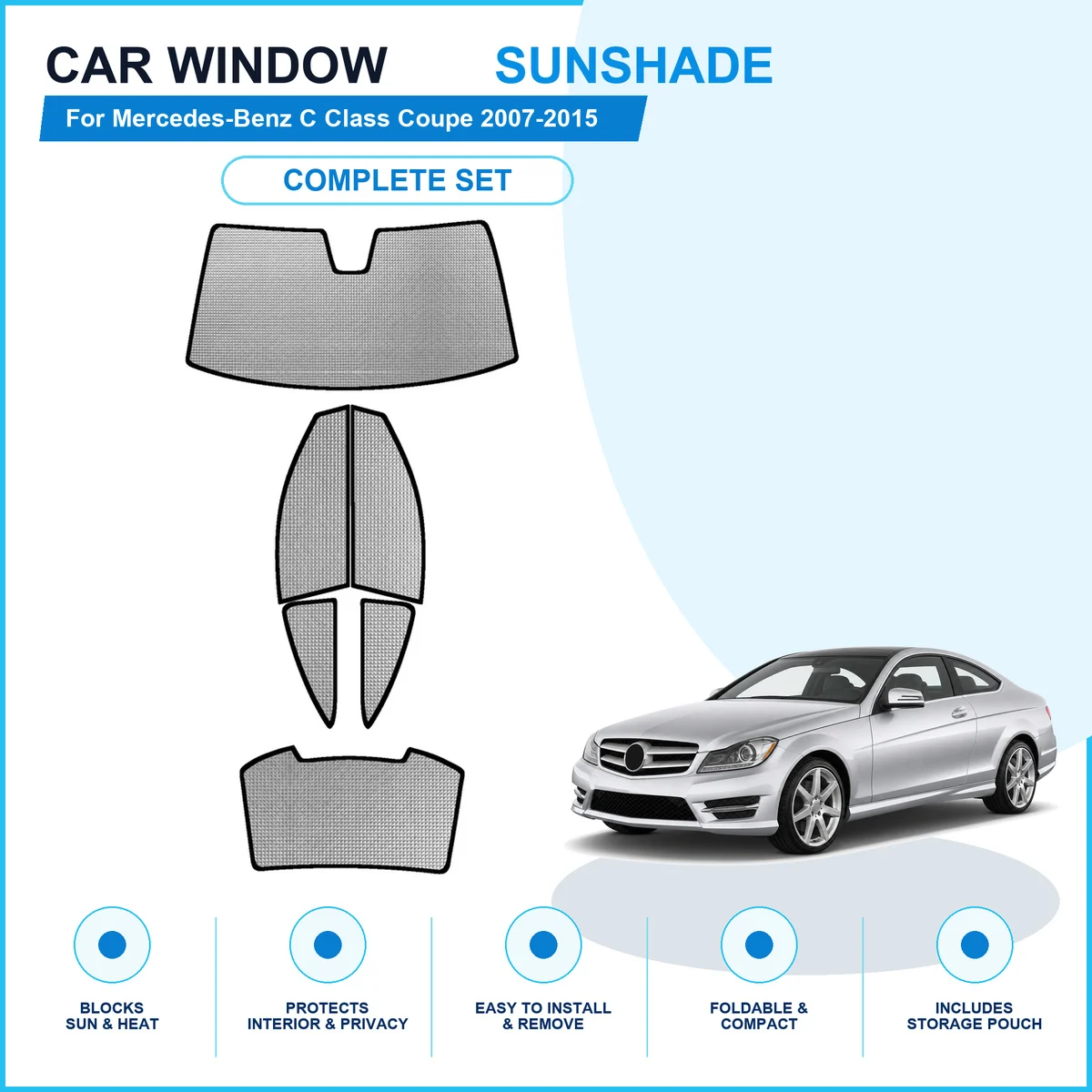 For Mercedes-Benz C Class Coupe 2007-2015 Custom Full Set Window Sunshades Aluminum Foil Suction Cup Anti UV Privacy