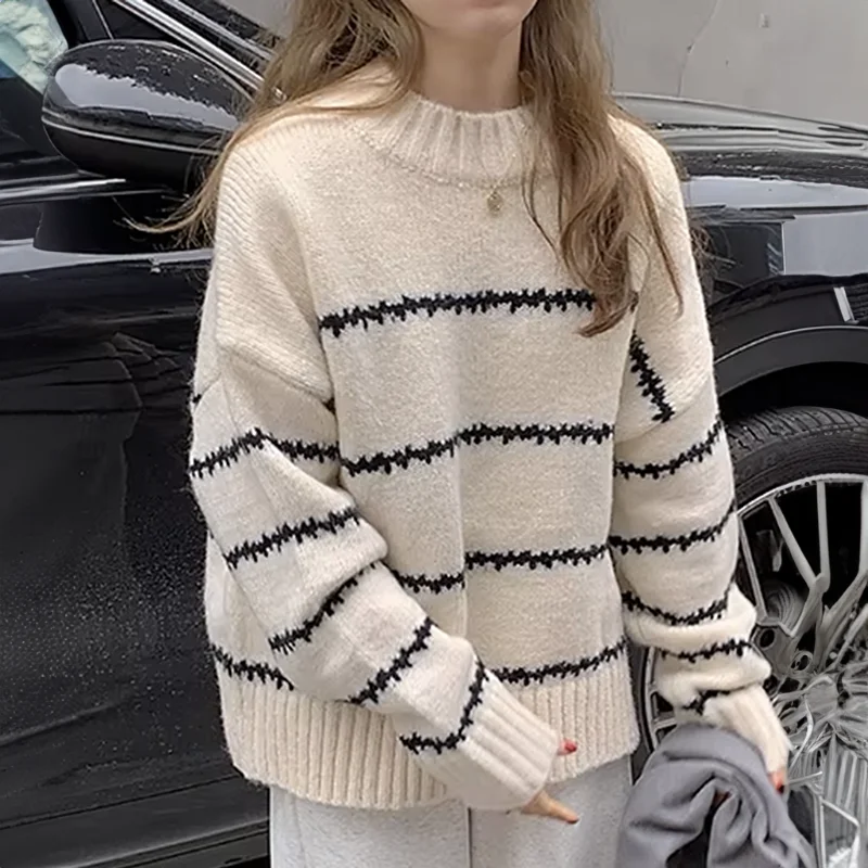 Maglione da donna a righe ondulate Pullover con collo a lupetto Maglione oversize a maniche lunghe Ragazza adolescente Autunno Inverno Abbigliamento