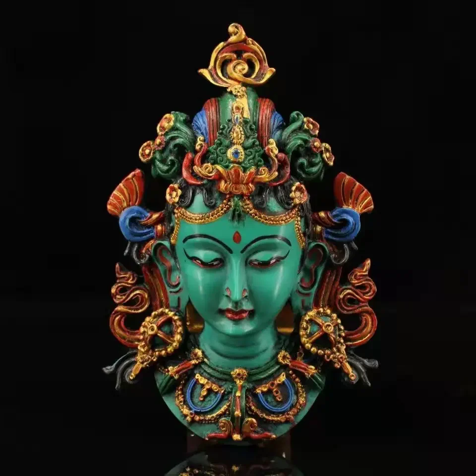 Tibetan Green Tara Buddha Head Mask Statue Resin Buddhist Goddess Figurine Wall Hanging Ornament Feng Shui Religious Home Decor