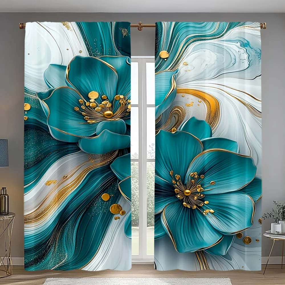 2pc Blue-green and gold marble-patterned floral curtains, made of polyester, machine washable, suitable for living room bedroom.