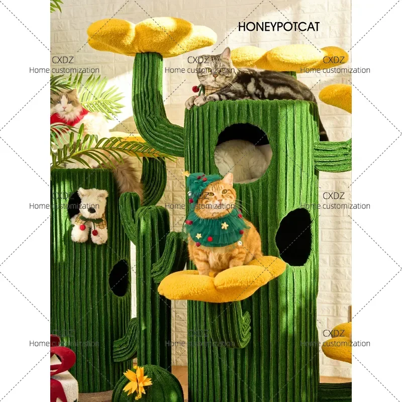Large Cactus Cat Tree with Integrated Nest and Climbing Frame Green Plant Style Fabric Upgraded Super Big Cat Scratching Post