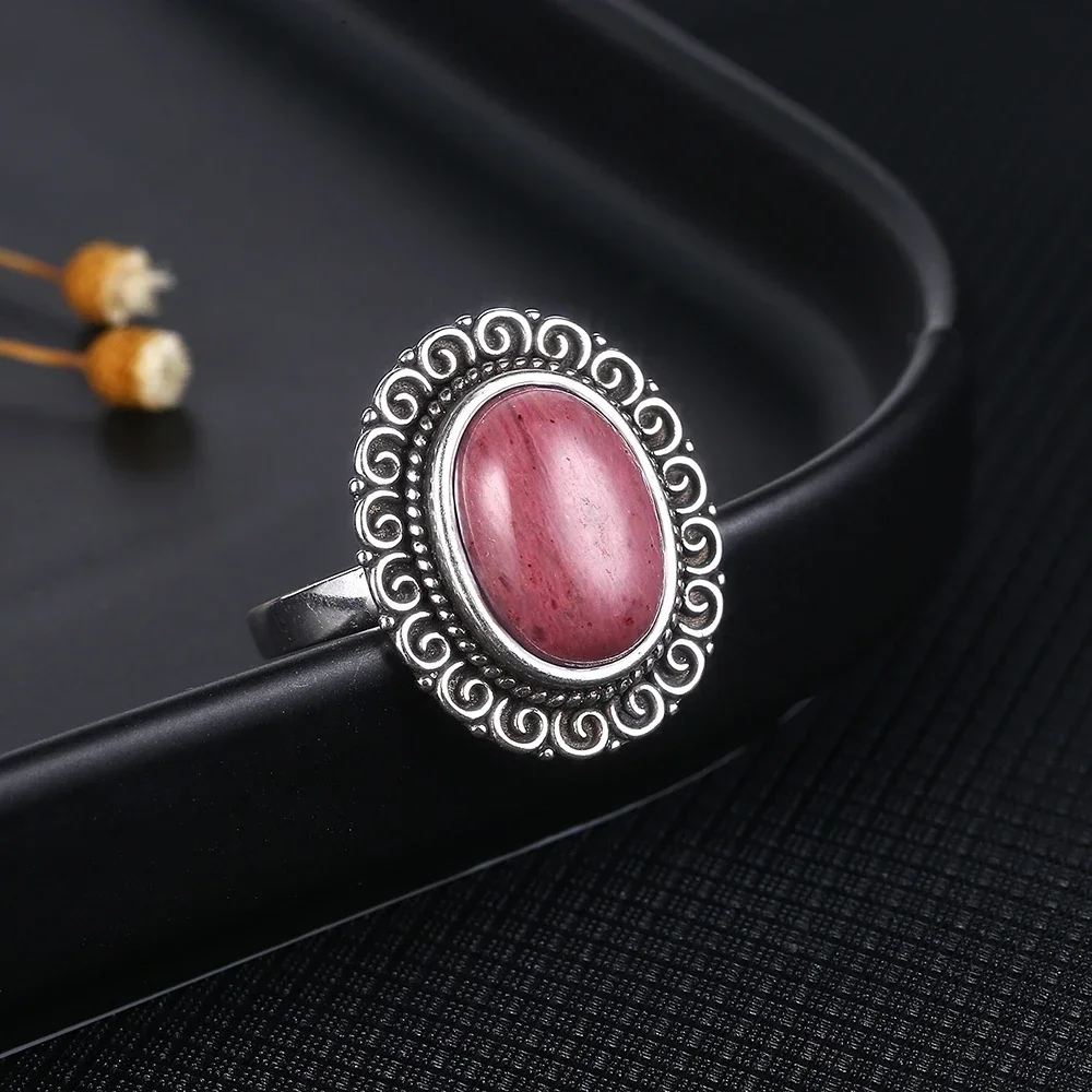 S925 Silver Ring with Large Natural Rhodochrosite Sun Flower Shaped Tiger Eye Jewelry for Women Wedding Anniversary Gift