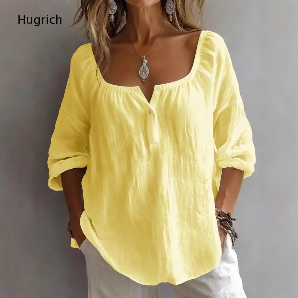 Light Blue Textured Linen Blouse Square Neck Half Button Henley Top 3/4 Roll Sleeve Loose Casual Vacation Beach Shirt