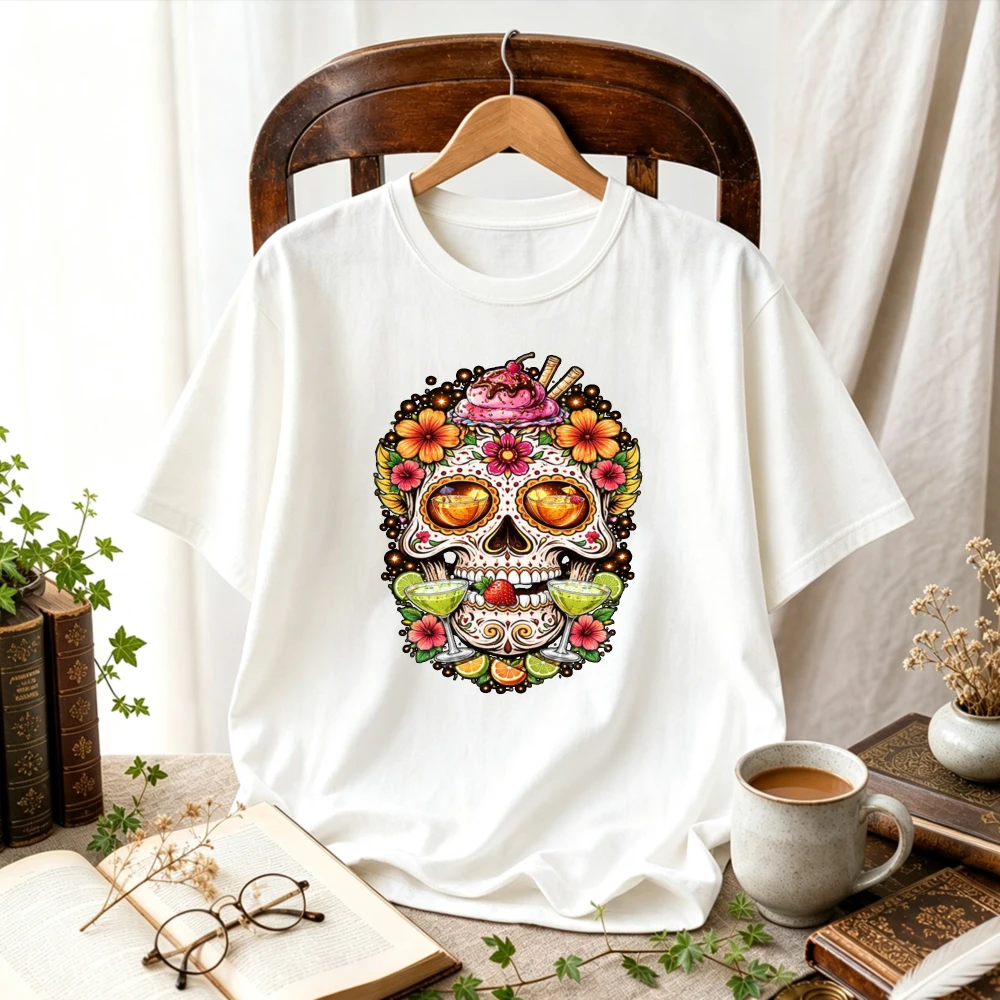 Fun Cocktail Sugar Skull Margarita Drinks Ice Cream Tropical Floral Dia De Los Muertos Colorful Mexican Folk Art Cotton T‑Shirt