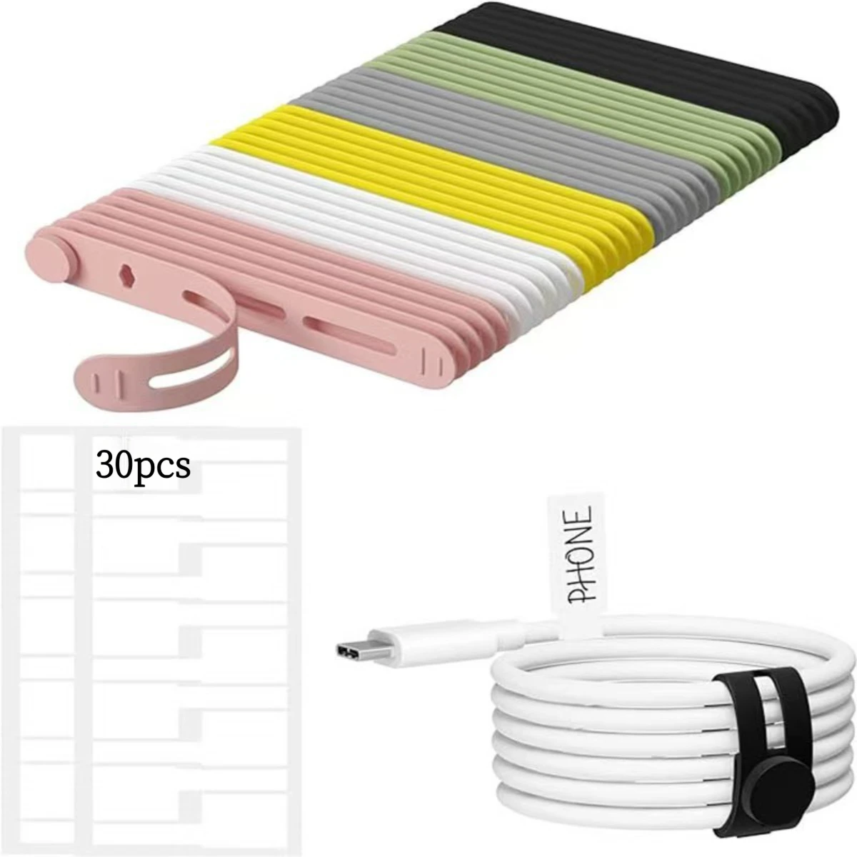Reusable Silicone Cable Ties 45Pcs 15 Wire Straps +30 Labels Self Locking Cord Organizer for Desktop PC Car Electrical Wires