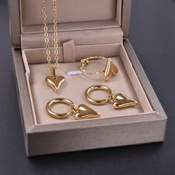 Elegant Girl Love Jewelry Set Stainless Steel Earring Ring Necklaces For Women Accessories Adjustable Ring Hoops Dangle Earring