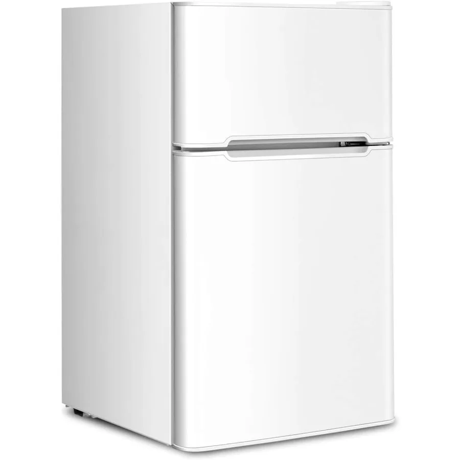 

Компактный холодильник 3,2 куб. фута. 2-дверный мини-холодильник с морозильной камерой. Маленький холодильник со съемными стеклянными полками. Хрустящий механический холодильник.