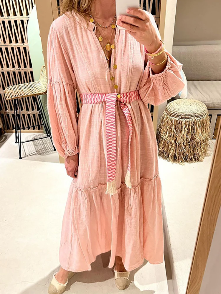 Loose V Neck Patchwork Ruffles Bohemian Dress Women Elegant Holiday Pink Maxi Dress Lantern Sleeve Chic Female Party Club Dress