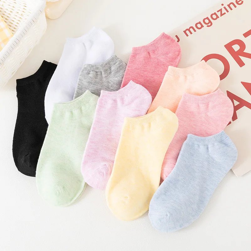 

10 Pairs Women's Colored Cotton Ankle Socks Japanese Kawaii Cute Solid Color Breathable Mesh Summer Casual Sports Boat Socks