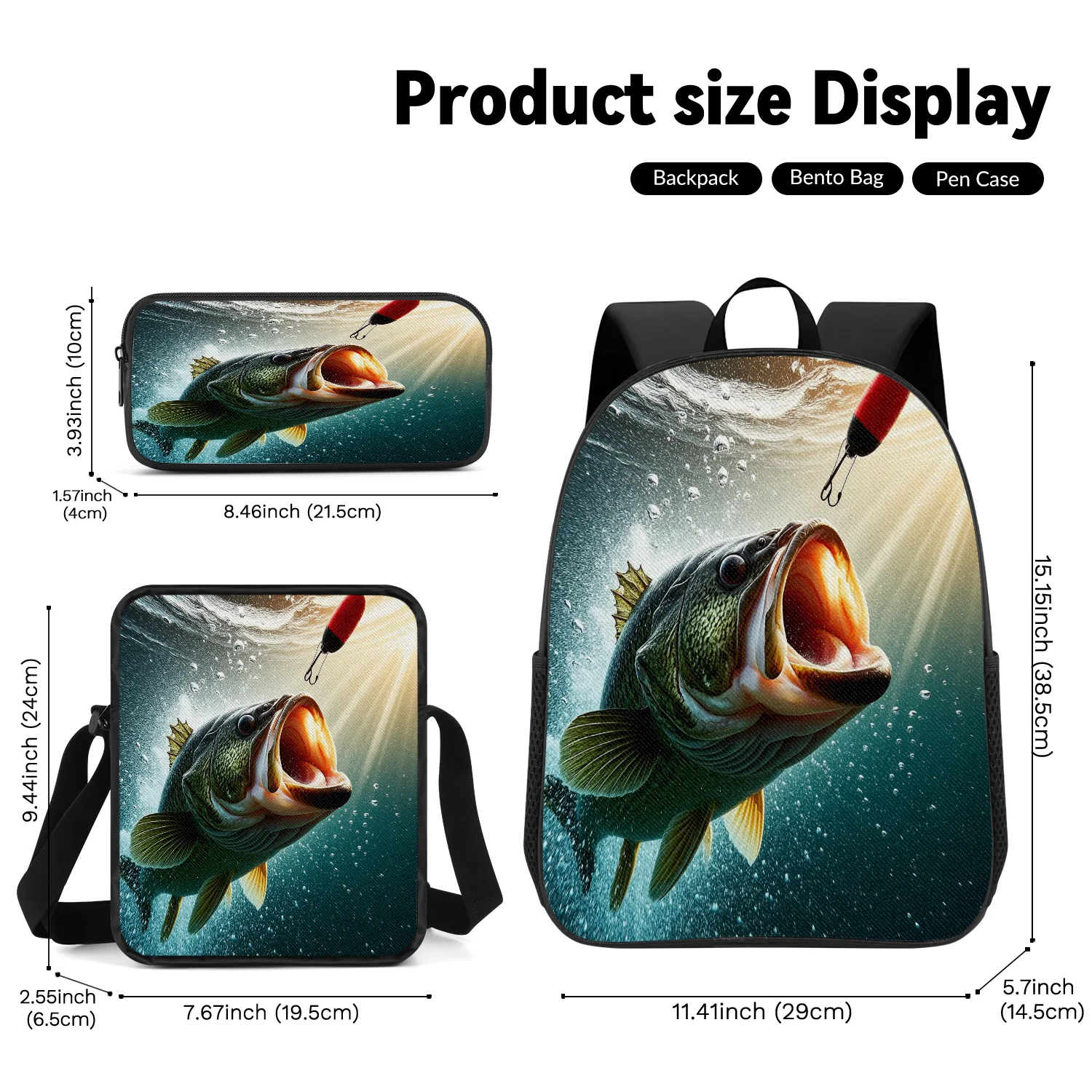 3-Piece Bass Fishing Print Backpack Set, Includes Backpack, Crossbody Bag and Pencil Case, Lightweight Unisex