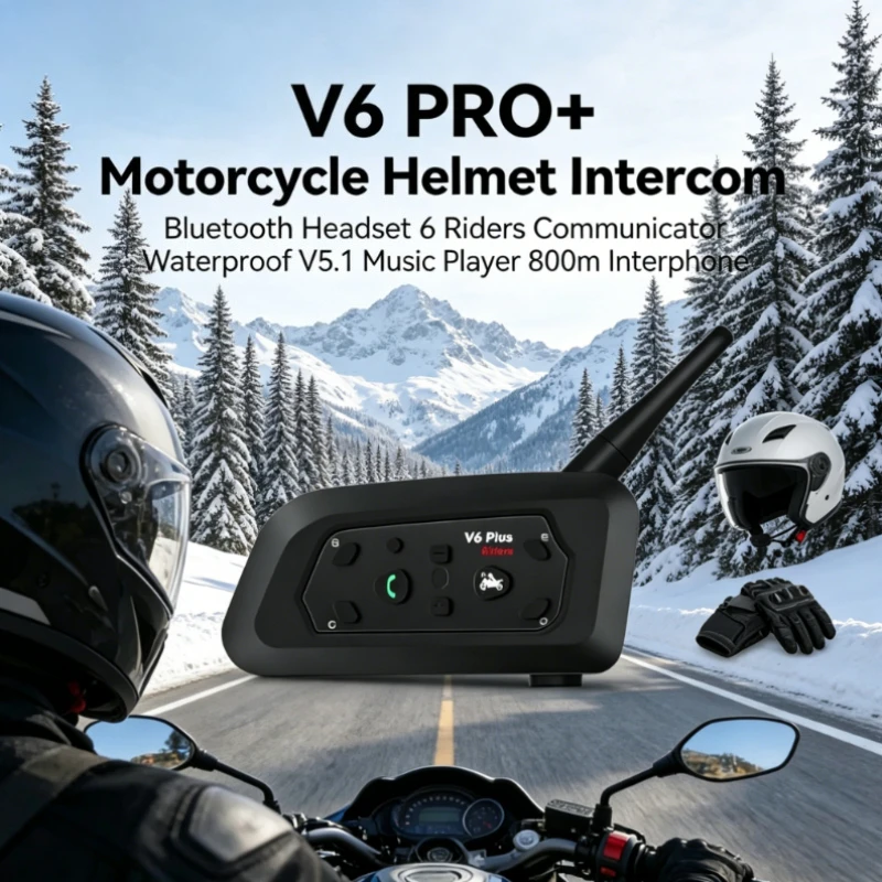 

Новая мотоциклетная Bluetooth-гарнитура V6 PRO+ 2026 года, BT5.1, для связи 6 райдеров, водонепроницаемая, радиус действия 800 м, музыкальный плеер, беспроводная связь