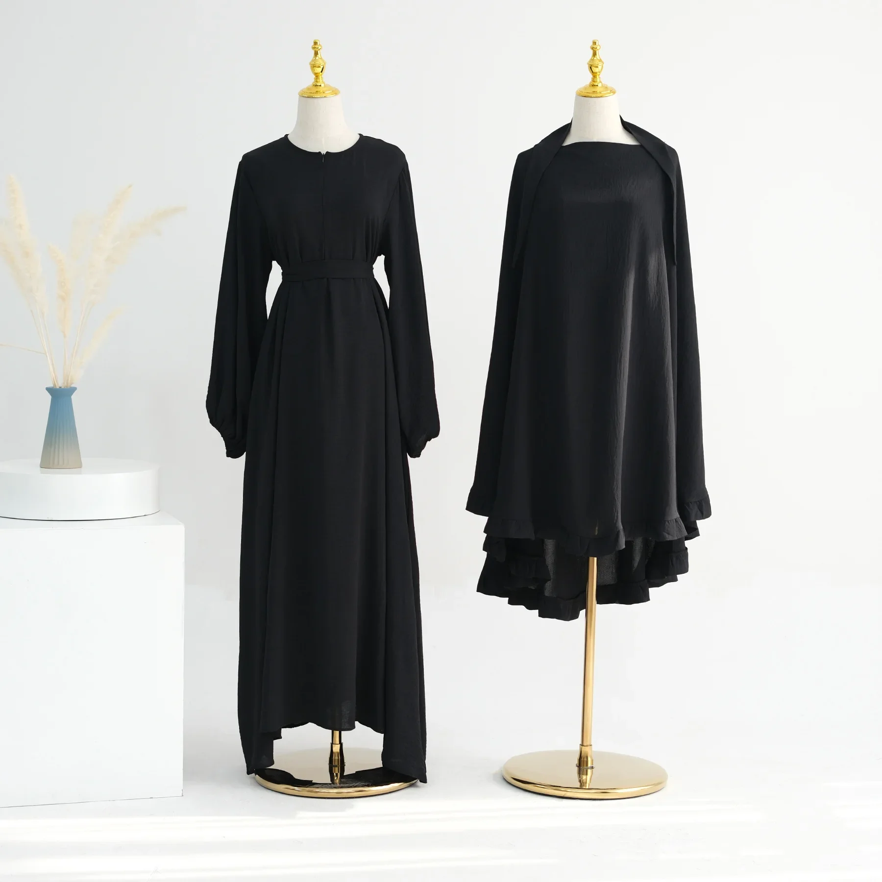 Abaya i Khimar 2-częściowy zestaw z marszczonej tkaniny Ruffles Hidżab z nieregularną sukienką modlitewną Islam Dubaj Muzułmanki Turcja Ramadan