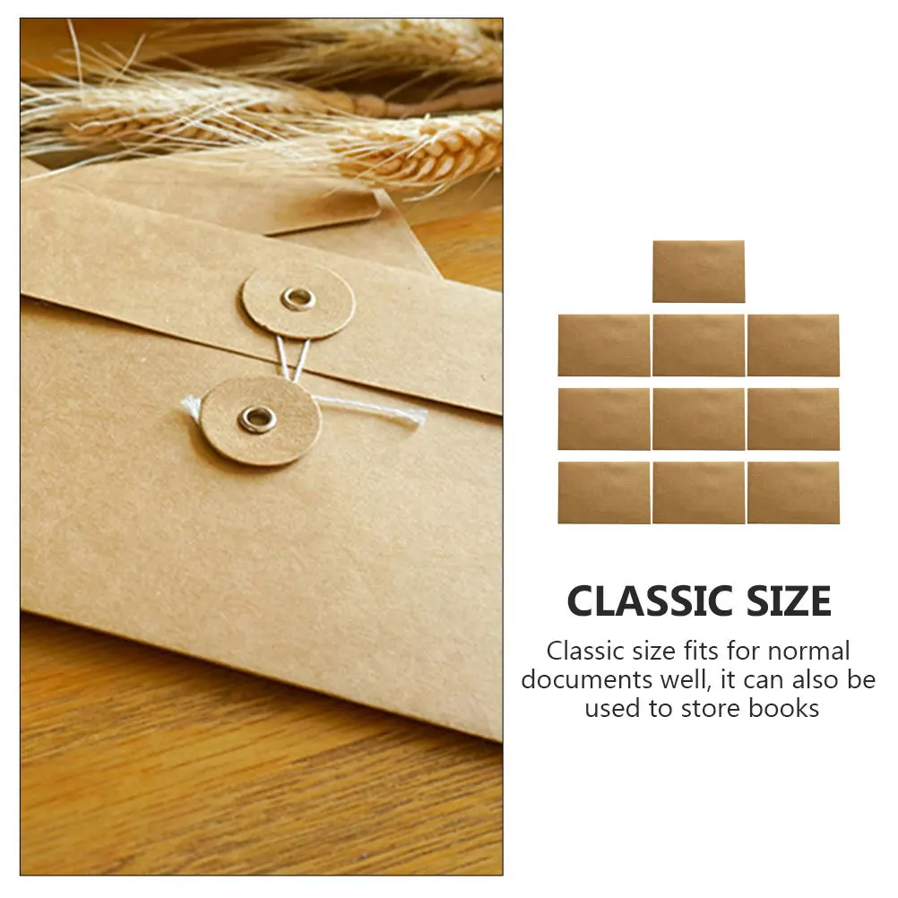 

10Pcs Kraft Paper File Envelope Vintage Style Thickened String Pocket for Cards Photos Invitations Document Storage Organizer
