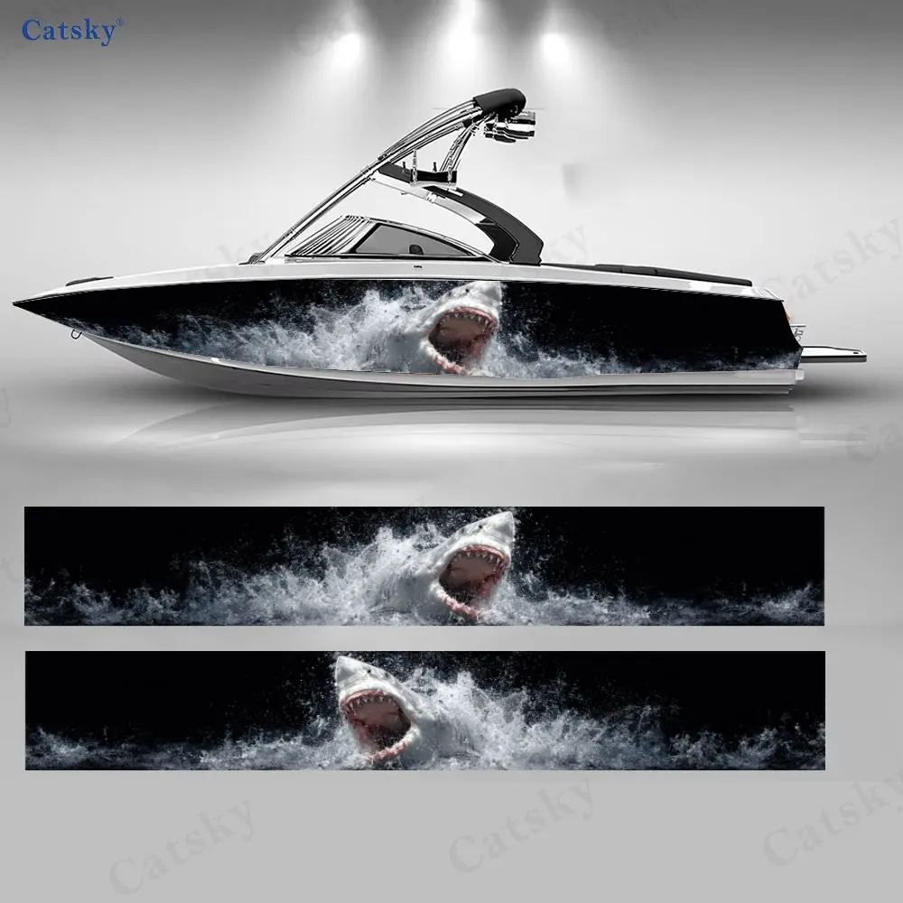 

Наклейка на лодку с изображением акулы и синих волн, водонепроницаемая виниловая пленка из ПВХ для рыболовных судов, прочная и стильная.