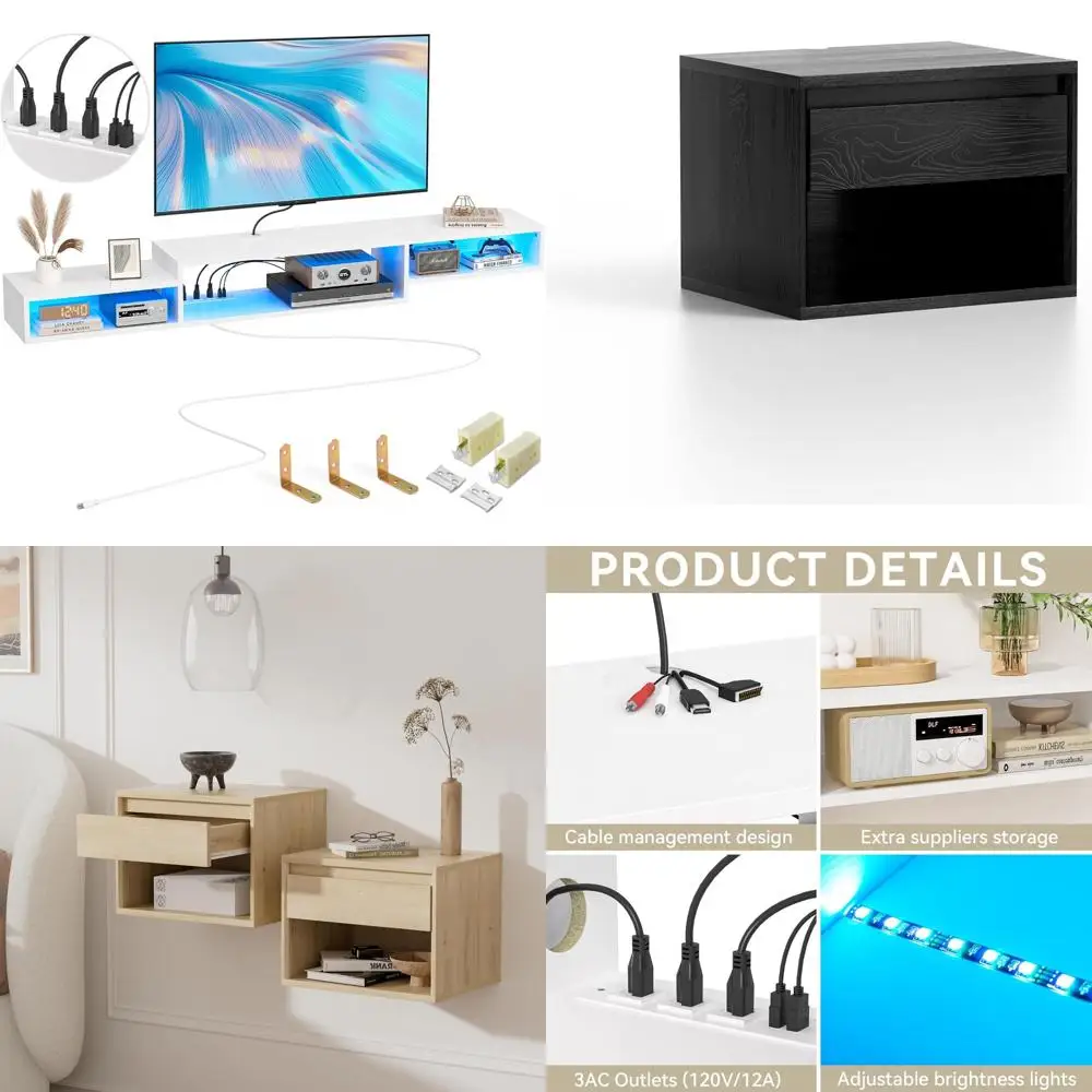 

71-inch LED Lighted Floating TV Stand with Power Outlet and Storage Shelf, Wall Mount Compatible Media Console for Under-TV Orga