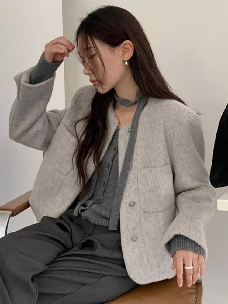 

Ele round Ne Double ket Versatile ort Svel Top Women's Faion Outerwear Loose Long Sve round Ne irt