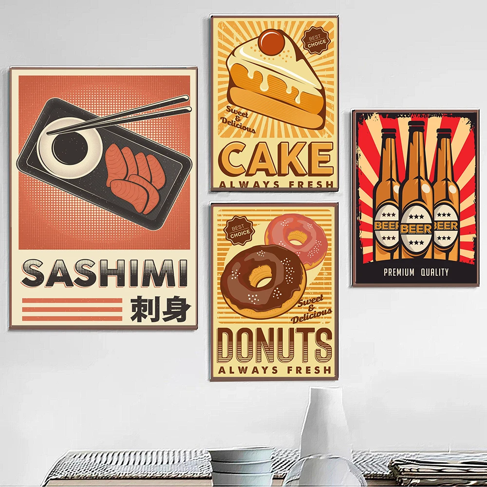 Donuts Beer Pork Chops Sushi Food Posters Art Aesthetics Canvas Painting Kitchen Dining Room Wall Home Decor Picture