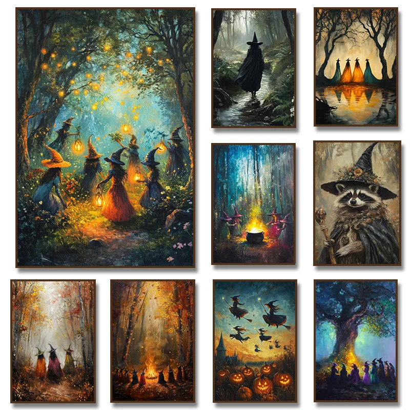 Witchy Poster Dark Academia Forest Gothic Witch Canvas Paintings Wall Art Print Picture Mystical Halloween Rustic Decor